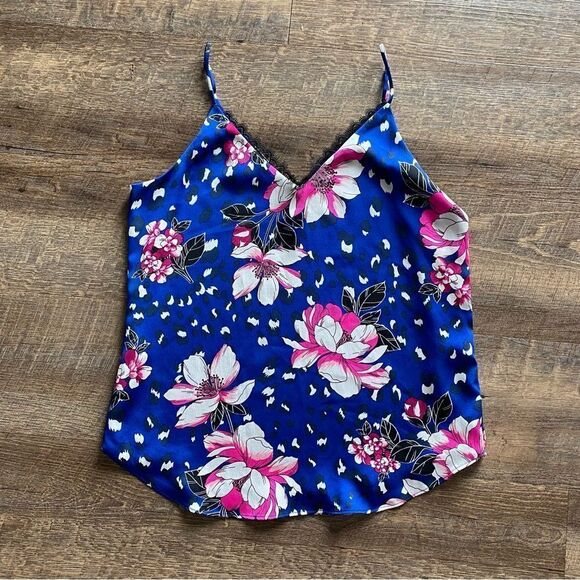 Express V Neck Floral Tank Top Small Blue Pink Lace - Picture 2 of 10